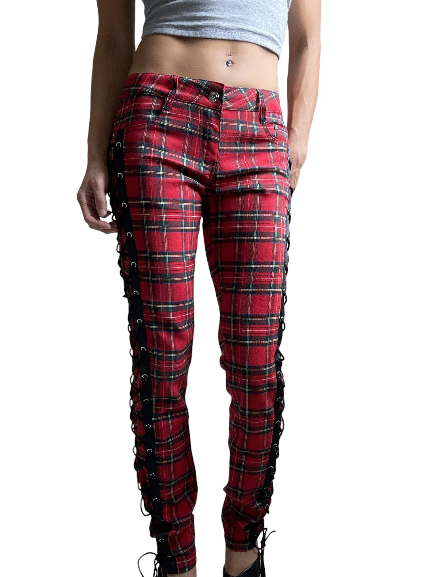 Banned Apparel Women’s Red Tartan Plaid Side Lace-up Skinny Jeans – Corset Style Alternative Fashion Pants