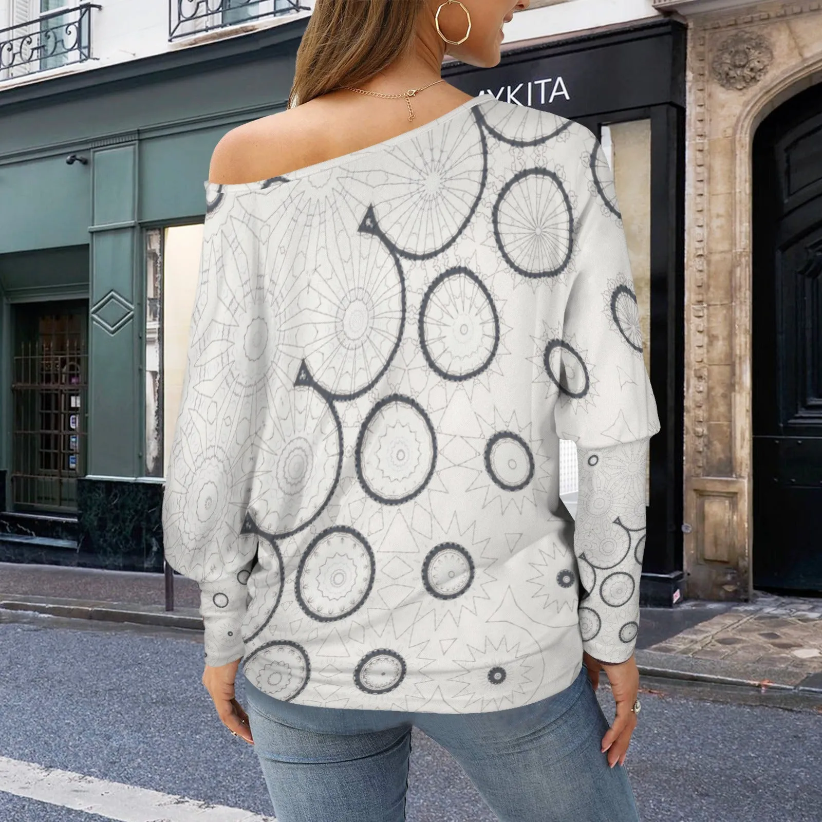 Batwing Long Sleeve Sweater Ivory Black Graphic