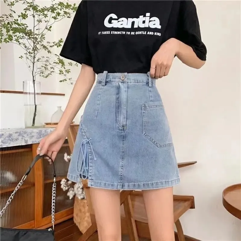 Harajuku High-waisted Lacing-up A-line Denim Skirt