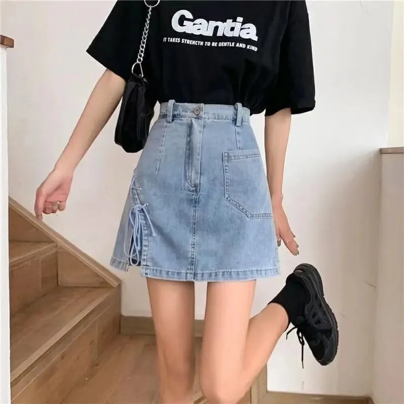 Harajuku High-waisted Lacing-up A-line Denim Skirt