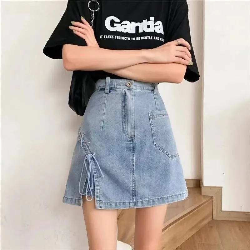 Harajuku High-waisted Lacing-up A-line Denim Skirt