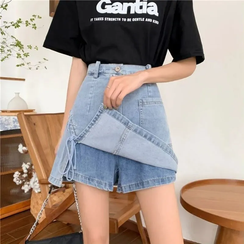 Harajuku High-waisted Lacing-up A-line Denim Skirt