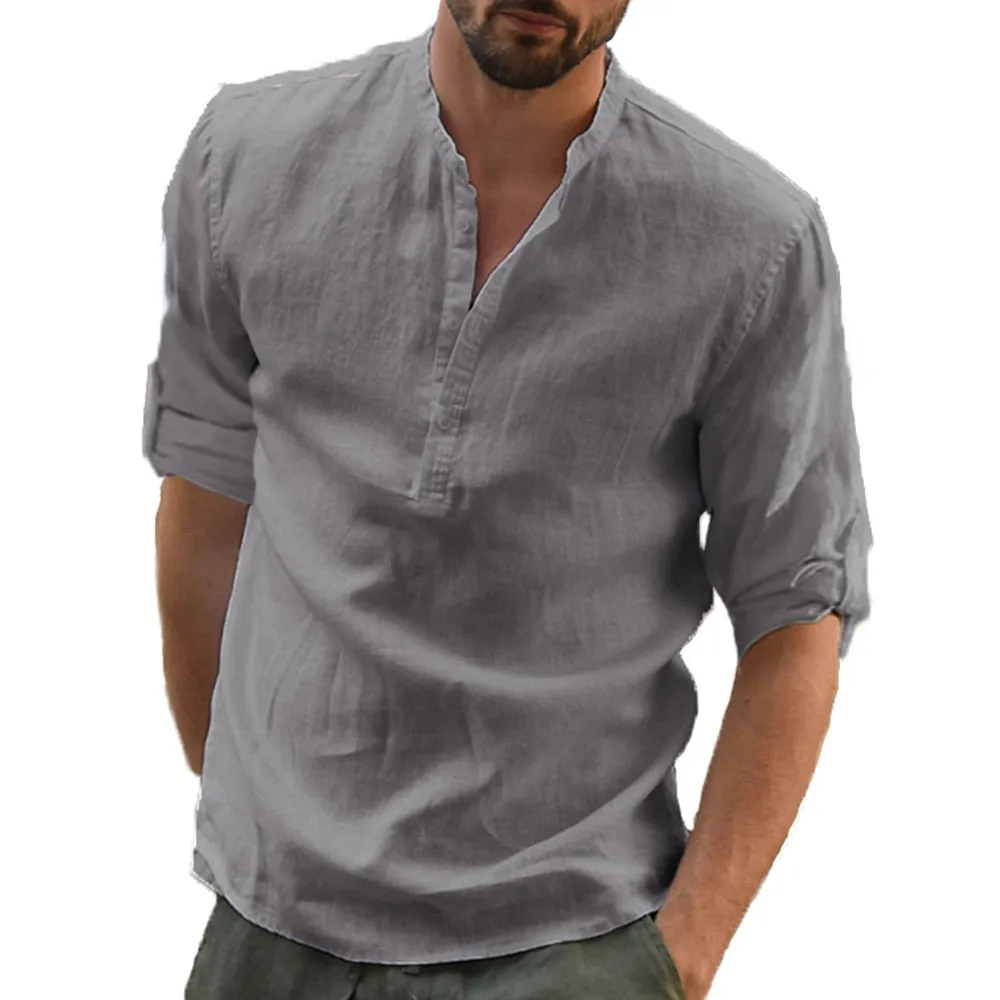 KB New Men's Casual Blouse Cotton Linen Shirt Loose Tops Long Sleeve Tee Shirt