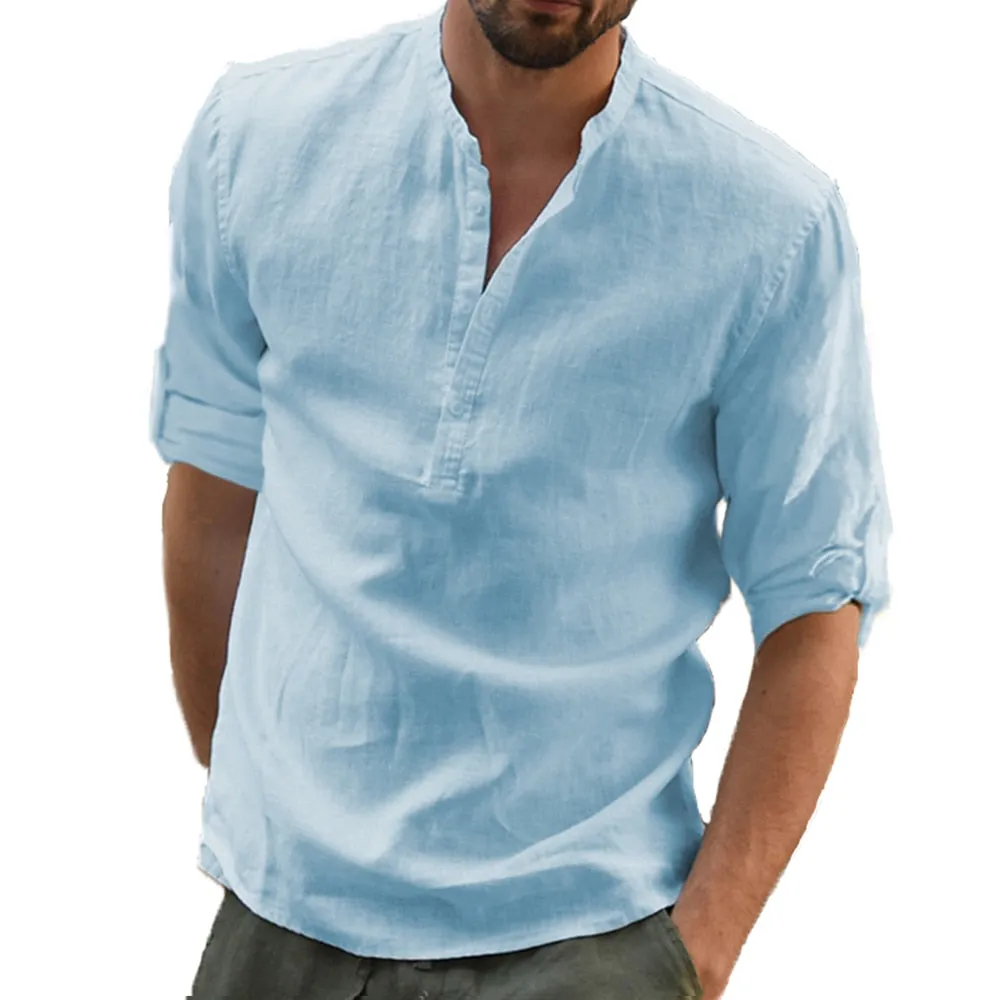 KB New Men's Casual Blouse Cotton Linen Shirt Loose Tops Long Sleeve Tee Shirt