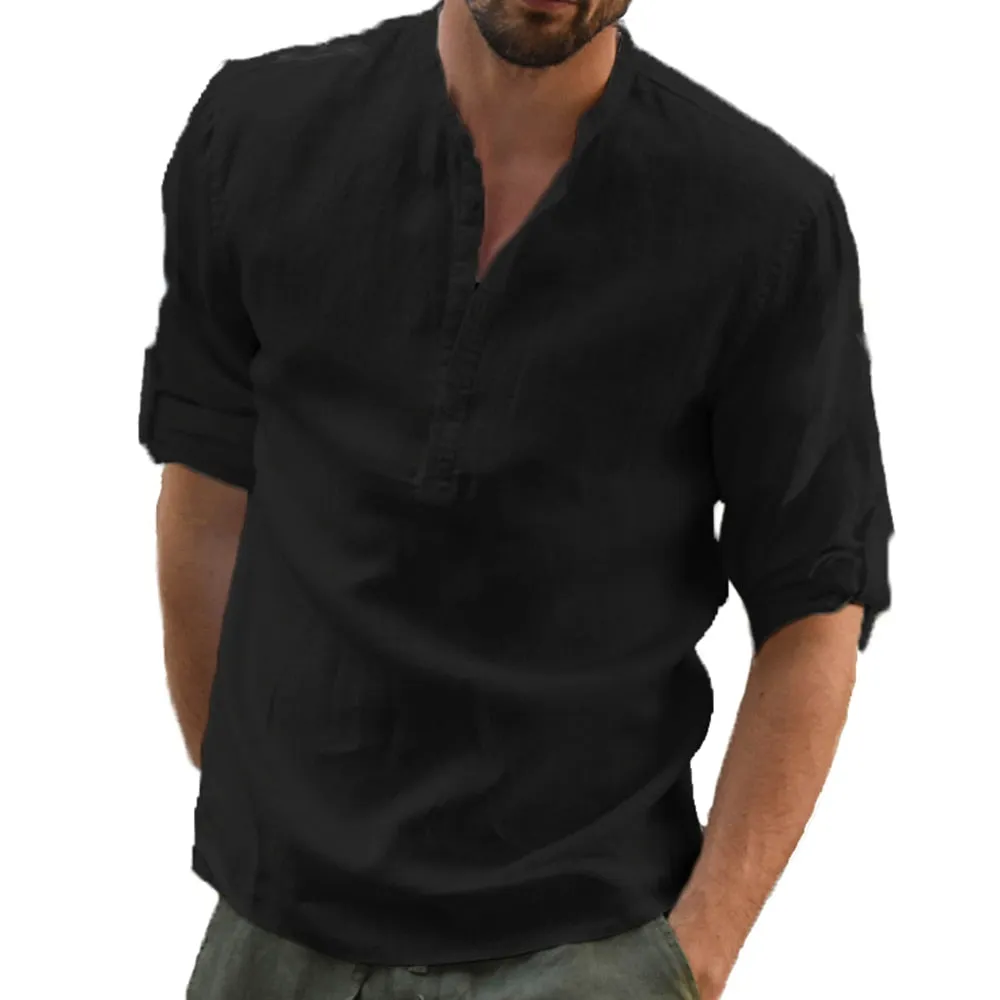 KB New Men's Casual Blouse Cotton Linen Shirt Loose Tops Long Sleeve Tee Shirt