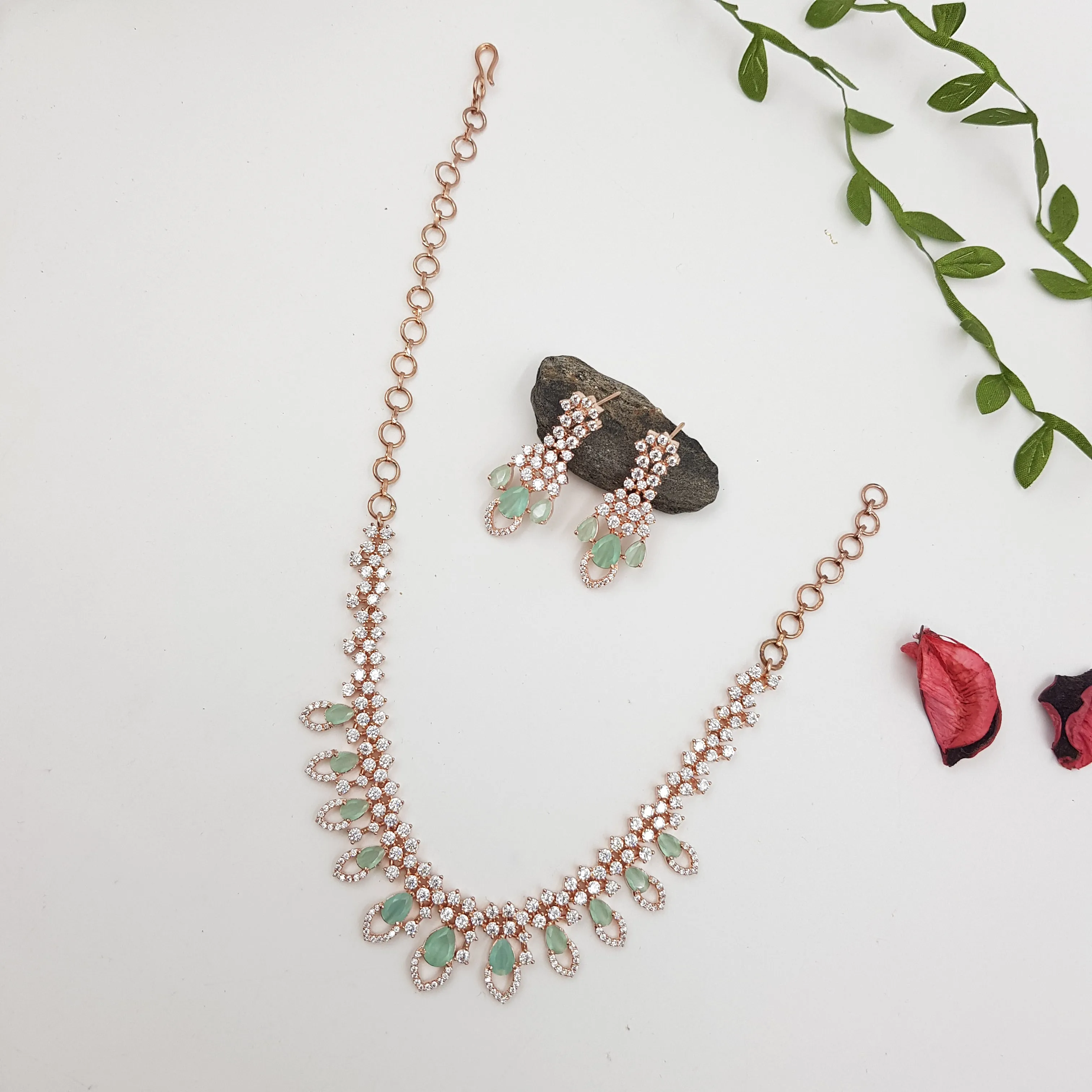 Mint Green Zircon/AD Necklace Set 13022-9727