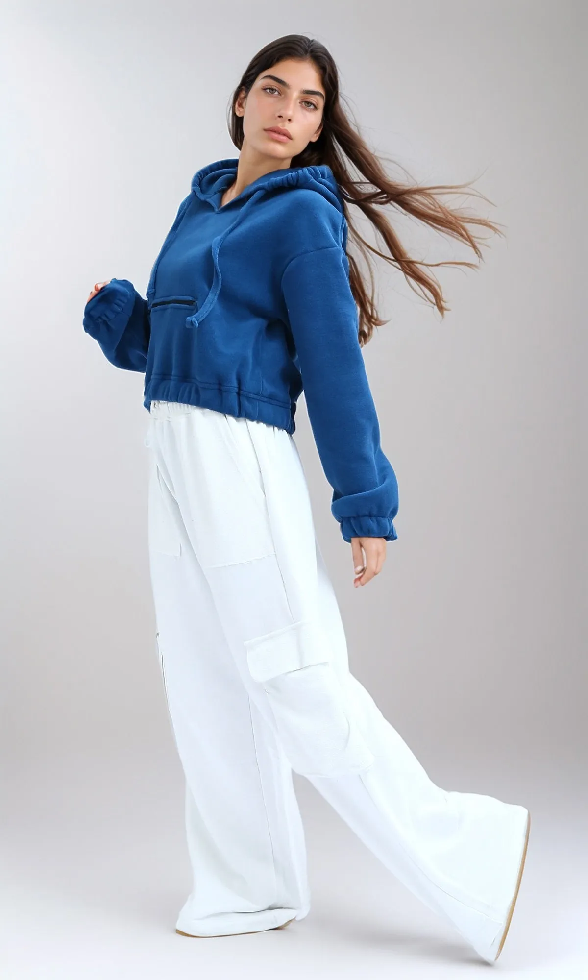 O201154 - Slip On Solid Cropped Hoodie - Dark Petroleum