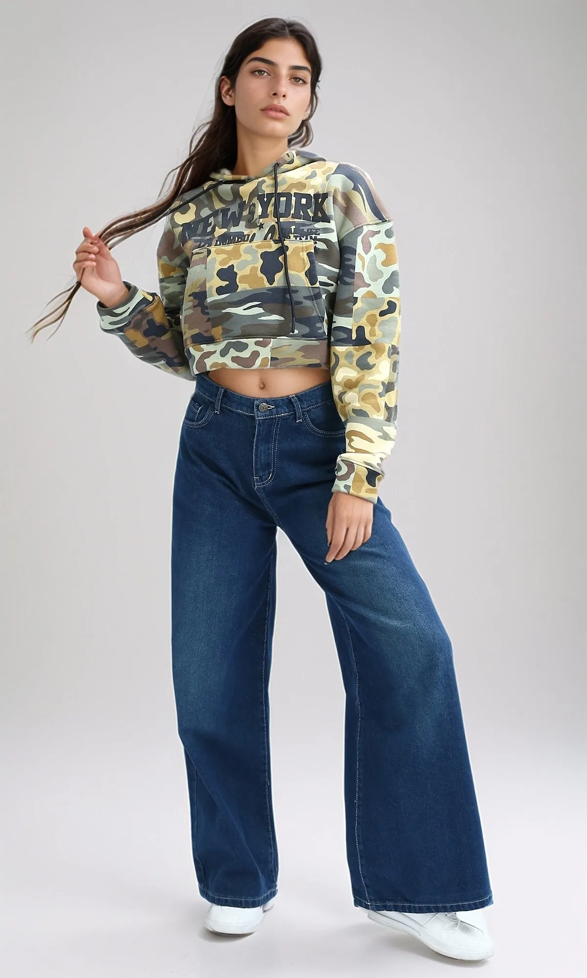 O201266 - Cropped Camouflage Hoodie With Long Sleeves - Yellow