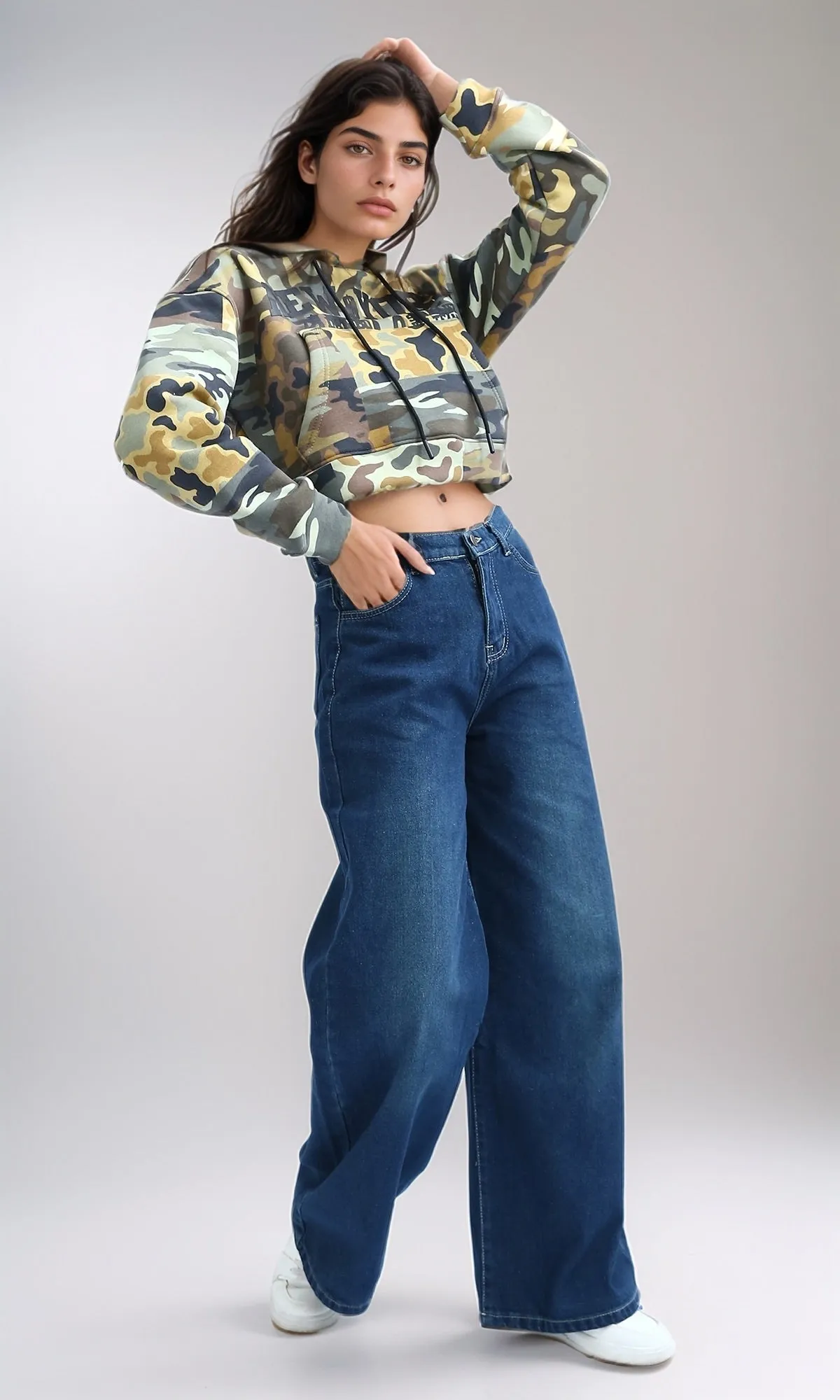 O201266 - Cropped Camouflage Hoodie With Long Sleeves - Yellow