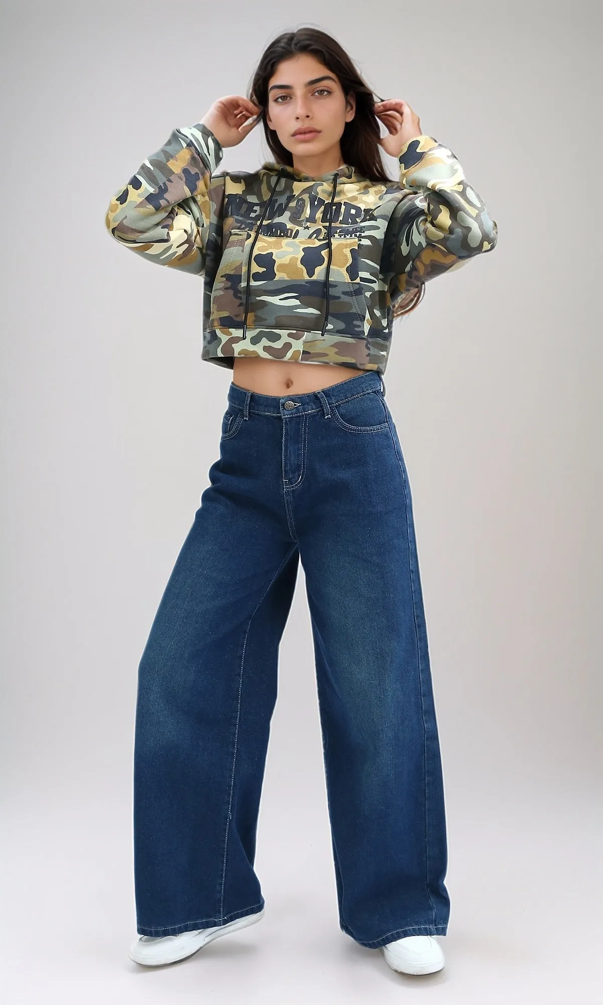 O201266 - Cropped Camouflage Hoodie With Long Sleeves - Yellow