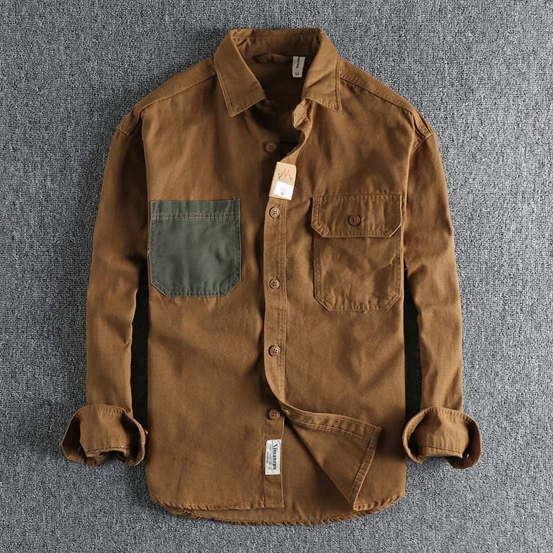 Sleeve patch washed grain woven cotton long sleeve shirt