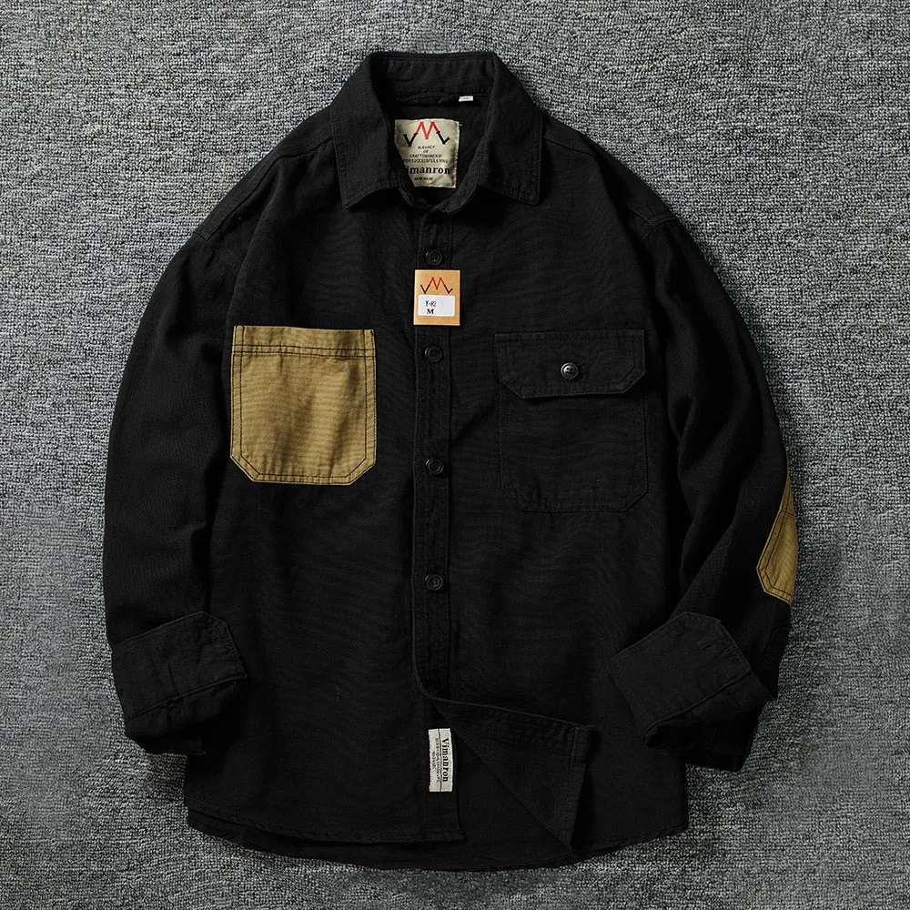 Sleeve patch washed grain woven cotton long sleeve shirt